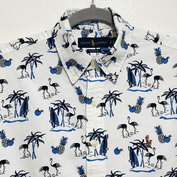 Ralph Lauren Flamingo Hawaiian Button Down Shirt Men's Sz S White Blue S/S - Picture 3 of 6